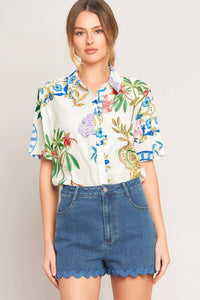 Voglio.us floral and coastal short sleeve top with a chic, colorful pattern, lightweight fabric, and relaxed fit.