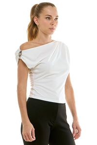 Voglio.us draped knit top featuring a relaxed fit with soft, textured fabric and a stylish draped neckline.