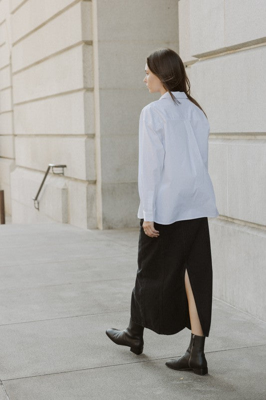 Oversized pinstripe button-down shirt top by voglio.us featuring a relaxed fit and classic collar, displayed on a hanger.