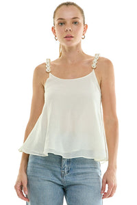 Flowy cami top with pearl strap details, stylish and lightweight, from voglio.us. Perfect for casual or dressy occasions.