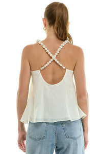 Pearl strap flowy cami top in soft fabric, featuring delicate pearl details and a relaxed fit, perfect for casual or dressy occasions.