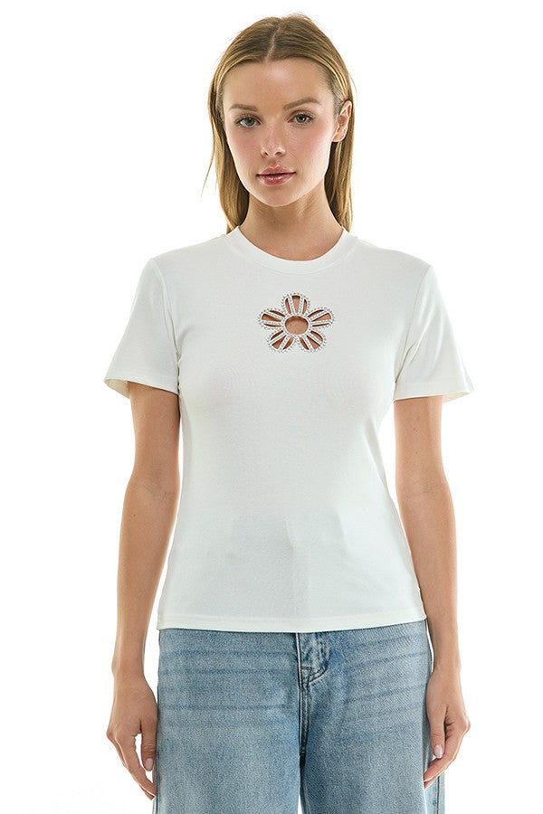 Rhinestone flower cutout fitted top by voglio.us featuring a stylish floral design and fitted silhouette on light-colored fabric.