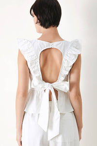 Cotton peplum top with ruffle shoulder details, stylish and feminine, by voglio.us, shown on a mannequin.