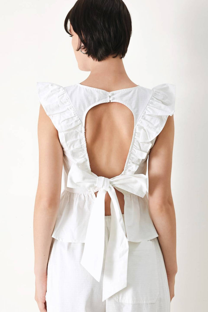 Cotton peplum top with ruffle shoulder details, stylish and feminine, by voglio.us, shown on a mannequin.