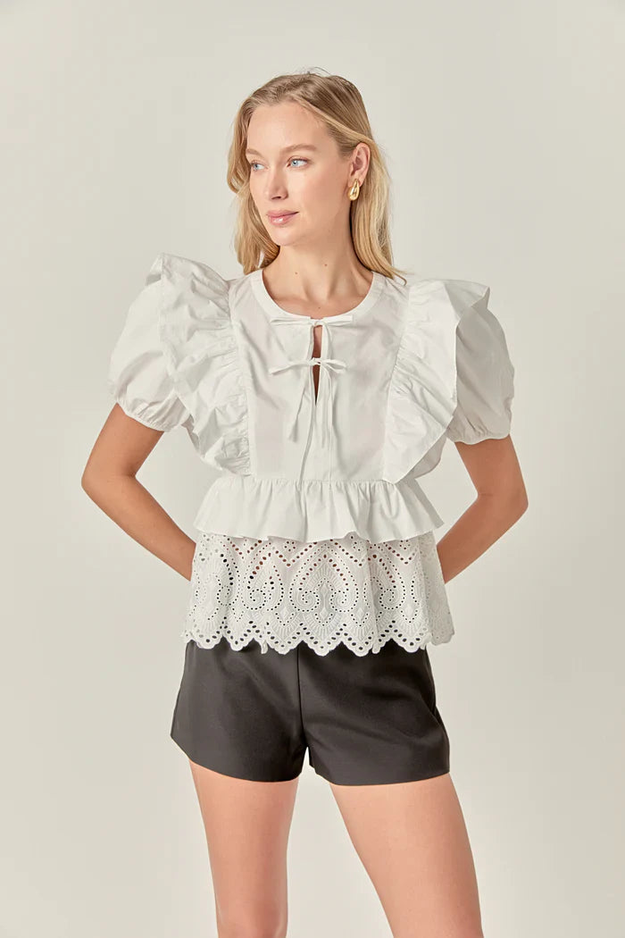 Voglio.us cotton eyelet blouse top with short sleeves, intricate lace detailing, and a lightweight, airy design.