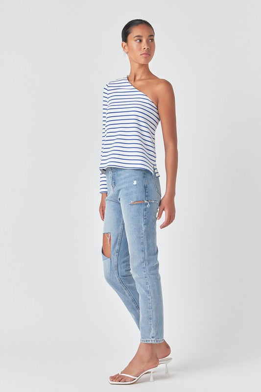 Voglio.us stripe one-shoulder top in XS, featuring a stylish asymmetric design and bold striped pattern, perfect for casual wear.