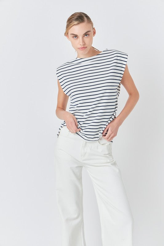 Voglio.us striped padded sleeveless top with vertical black and white stripes, lightweight fabric, and a fitted design.