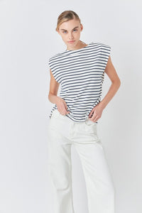 Voglio.us striped padded sleeveless top with vertical black and white stripes, lightweight fabric, and a fitted design.