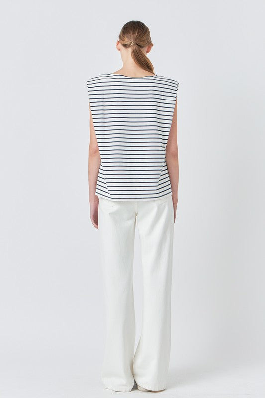 Striped padded sleeveless top by voglio.us with colorful horizontal stripes and a fitted design, shown on a white background.