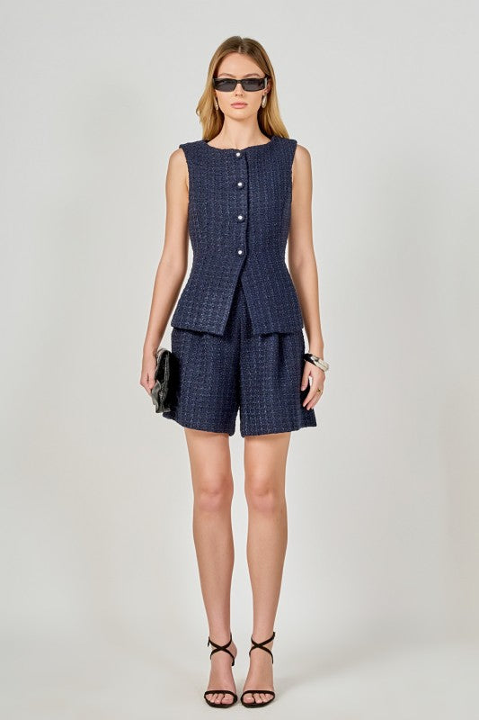 Tweed sleeveless vest with button details, stylish top by voglio.us, shown in image HN5114T_3.