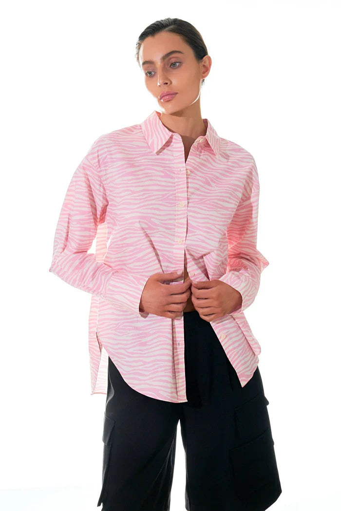 Zebra printed cotton shirt top by voglio.us, featuring a black and white zebra pattern and classic collar design.