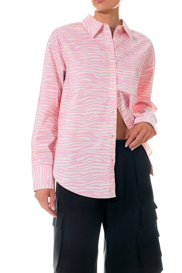 Zebra printed cotton shirt top in black and white, featuring a button-up design and long sleeves, by voglio.us.