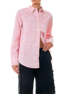 Zebra printed cotton shirt top in black and white, featuring a button-up design and long sleeves, by voglio.us.
