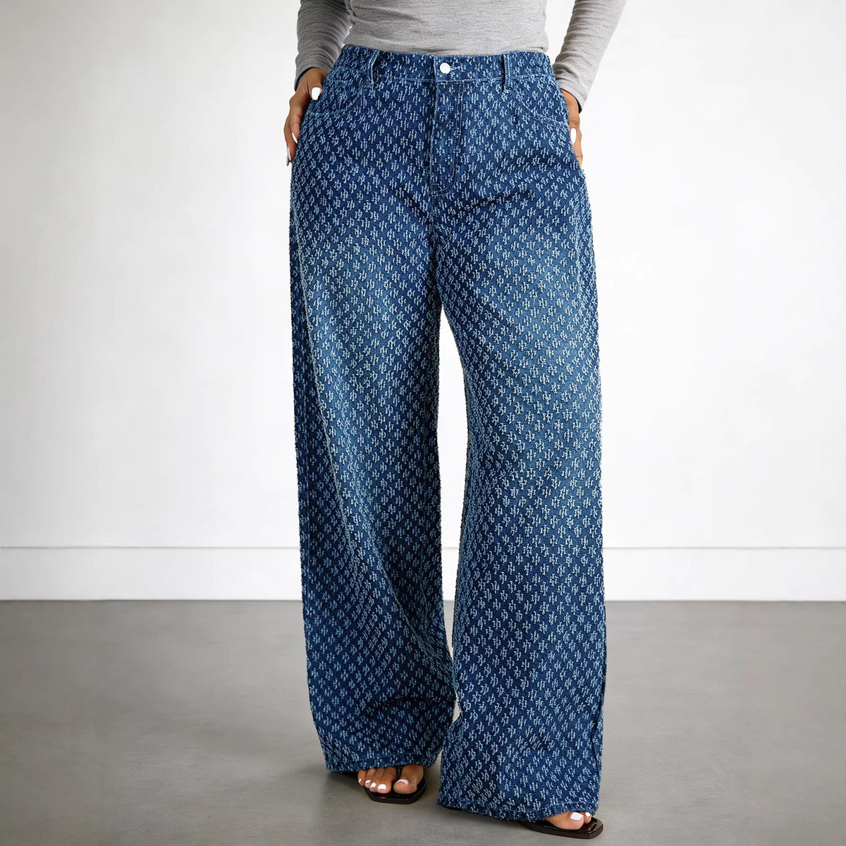 Plus size women's starry sky wide-leg jeans with crochet detailing, straight fit, and drooping style by Wanita Store.