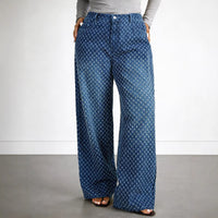 Plus size women's starry sky wide-leg jeans with crochet detailing, straight fit, and drooping style by Wanita Store.