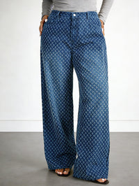 Plus size women's starry sky straight loose drooping jeans with crocheted high street wide-leg design in blue by Wanita Store.