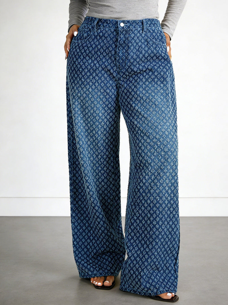 Plus size women's starry sky straight loose drooping jeans with crocheted high street wide-leg design in blue by Wanita Store.