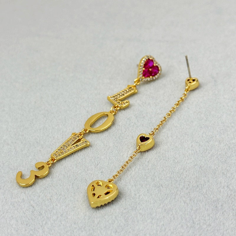 Wanita Store gold asymmetric love zircon earrings with romantic aura, high-grade design, and elegant, special interest jewelry style