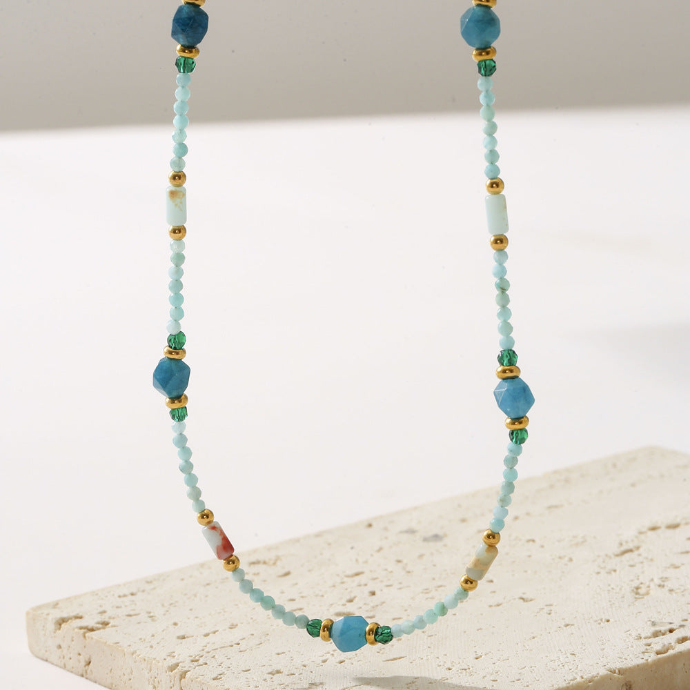 Blue natural stone beaded necklace for women featuring a court star design, lightweight, luxurious, and stylish.