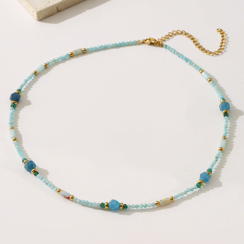 Blue natural stone beaded necklace for women with a court star design, featuring light luxury minority-style beads.