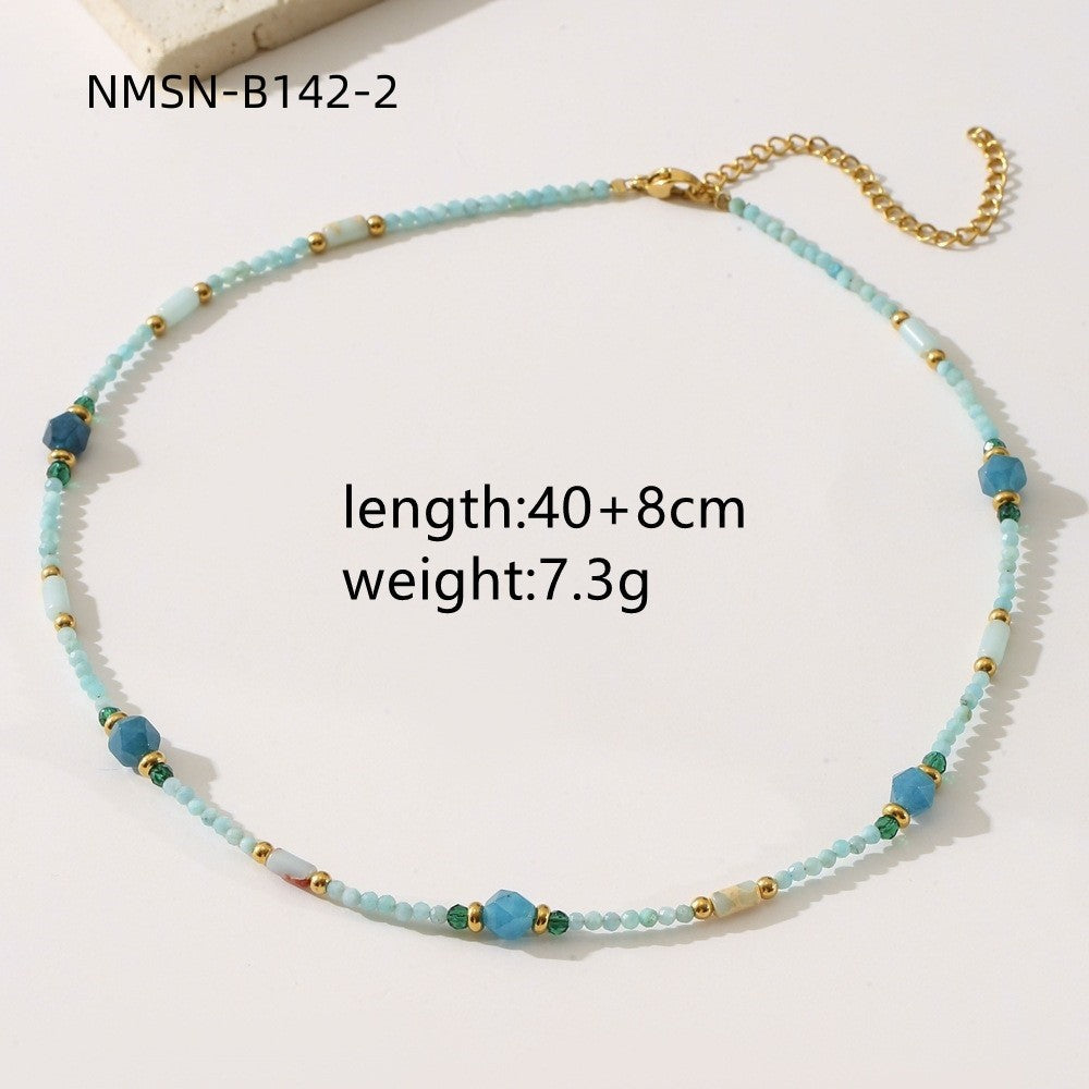 Blue natural stone beaded necklace for women featuring court star design, lightweight and luxurious with minority-inspired beads.