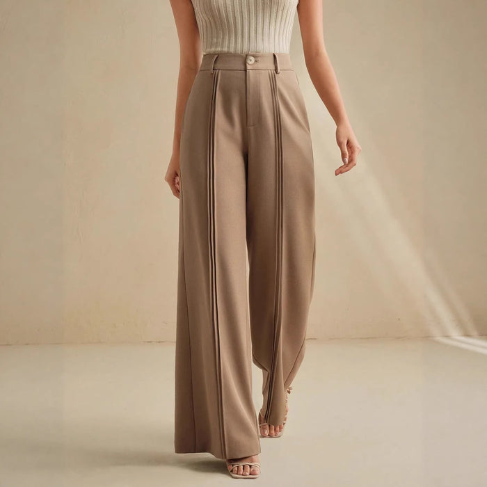 Women’s high waist wide-leg khaki suit pants with slim fit and drape, perfect for office wear, by Wanita Store.