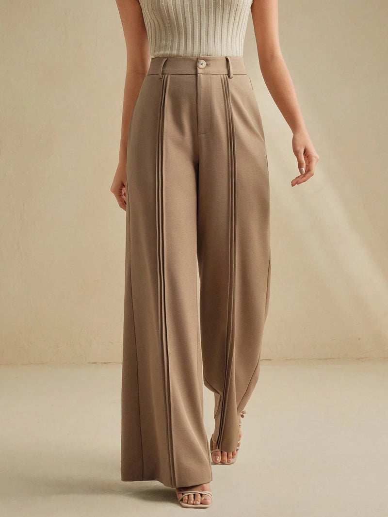 Wanita Store khaki high-waist wide-leg office pants for women, slim fit, solid color, draped style, suitable for work.