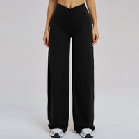 Black brushed casual wide-leg pants with cross waist, perfect for outdoor running and sports, by Wanita Store