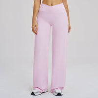 Black brushed casual wide-leg pants with cross waist, designed for outdoor running, sports, and relaxed outdoor activities.