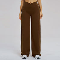 Black brushed wide-leg casual pants from Wanita Store with cross waist design, ideal for outdoor running and sports.