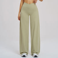 Black brushed casual wide-leg pants with cross waist, loose fit, suitable for outdoor running and sports by Wanita Store.