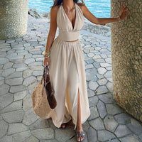 Apricot Spring Summer two-piece set with elegant holiday top and culottes from Wanita Store, stylish and comfortable for warm-weather wear.
