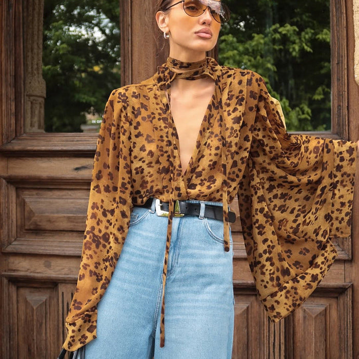 Brown spring women's shirt with leopard print, hollow out cutouts, stand-up collar, long sleeves, from Wanita Store.
