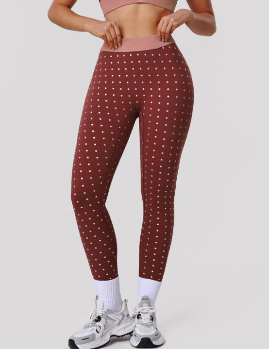 Nude feel high elastic polka dot printed yoga leggings by Wanita Store, designed for outdoor training and running.