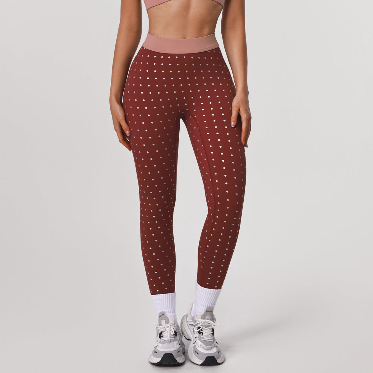 Nude feel high elastic polka dot printed yoga leggings from Wanita Store, suitable for outdoor training, running, and sports.