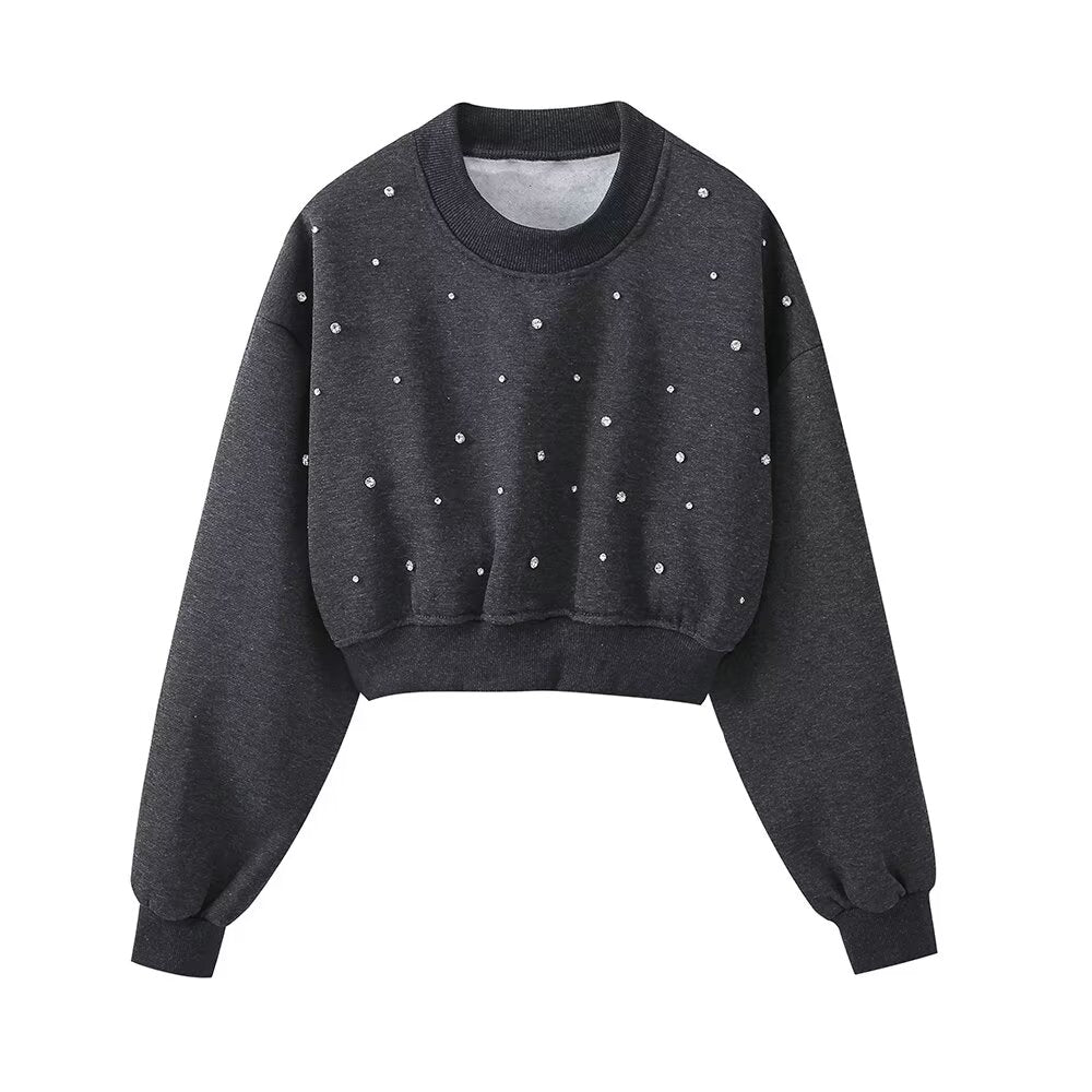 Dark grey Wanita Store women's short sweatshirt with inlaid jewelry accents, suitable for autumn casual wear.
