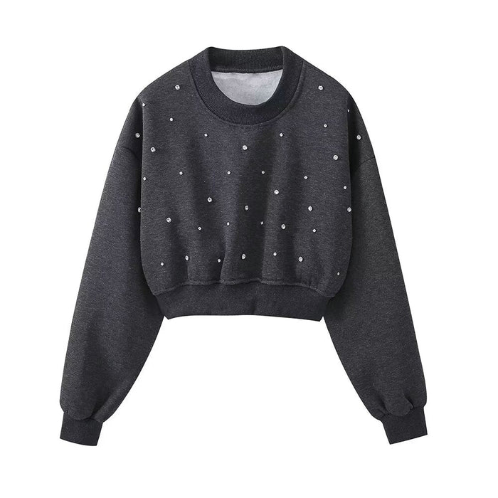 Dark grey Wanita Store women's short sweatshirt with inlaid jewelry accents, suitable for autumn casual wear.
