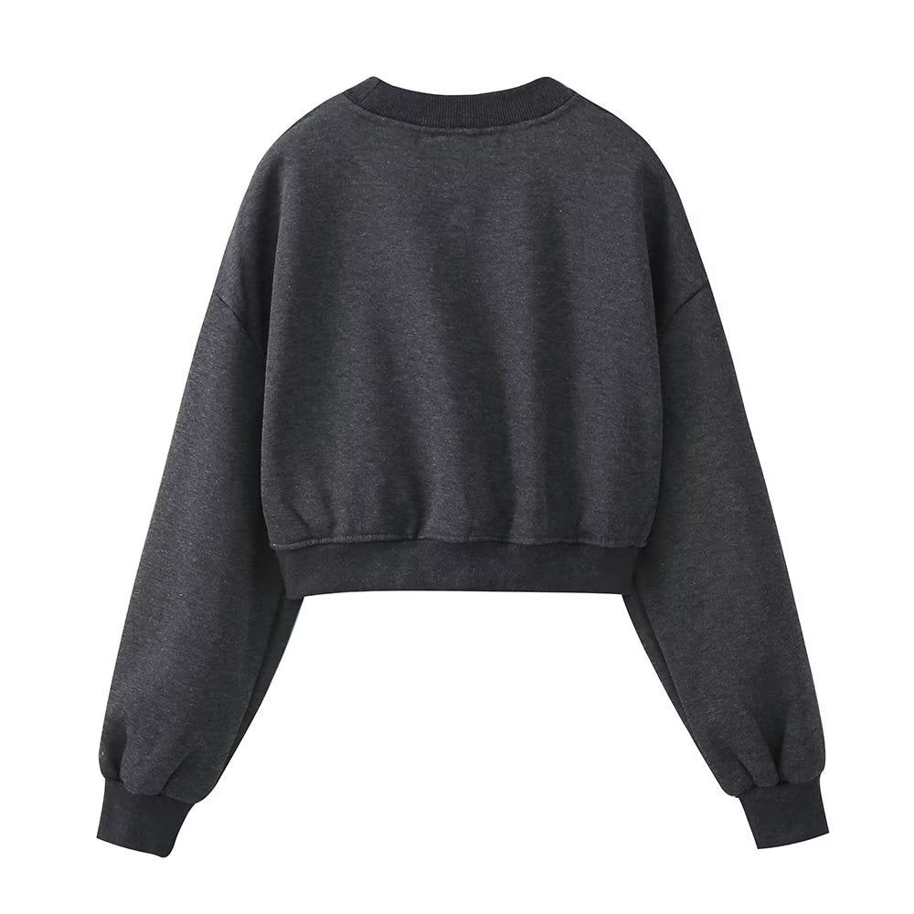 Dark grey women's sweatshirt with jewelry inlay, washed finish, casual autumn clothing by Wanita Store.