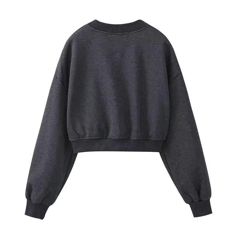 Dark grey women's sweatshirt with jewelry inlay, washed finish, casual autumn clothing by Wanita Store.