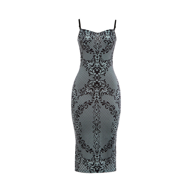 Green autumn winter women’s dress with suspenders, low cut backless design, back slit, slim fit, printed, sexy style.