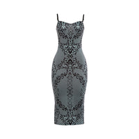 Green autumn winter women’s dress with suspenders, low cut backless design, back slit, slim fit, printed, sexy style.