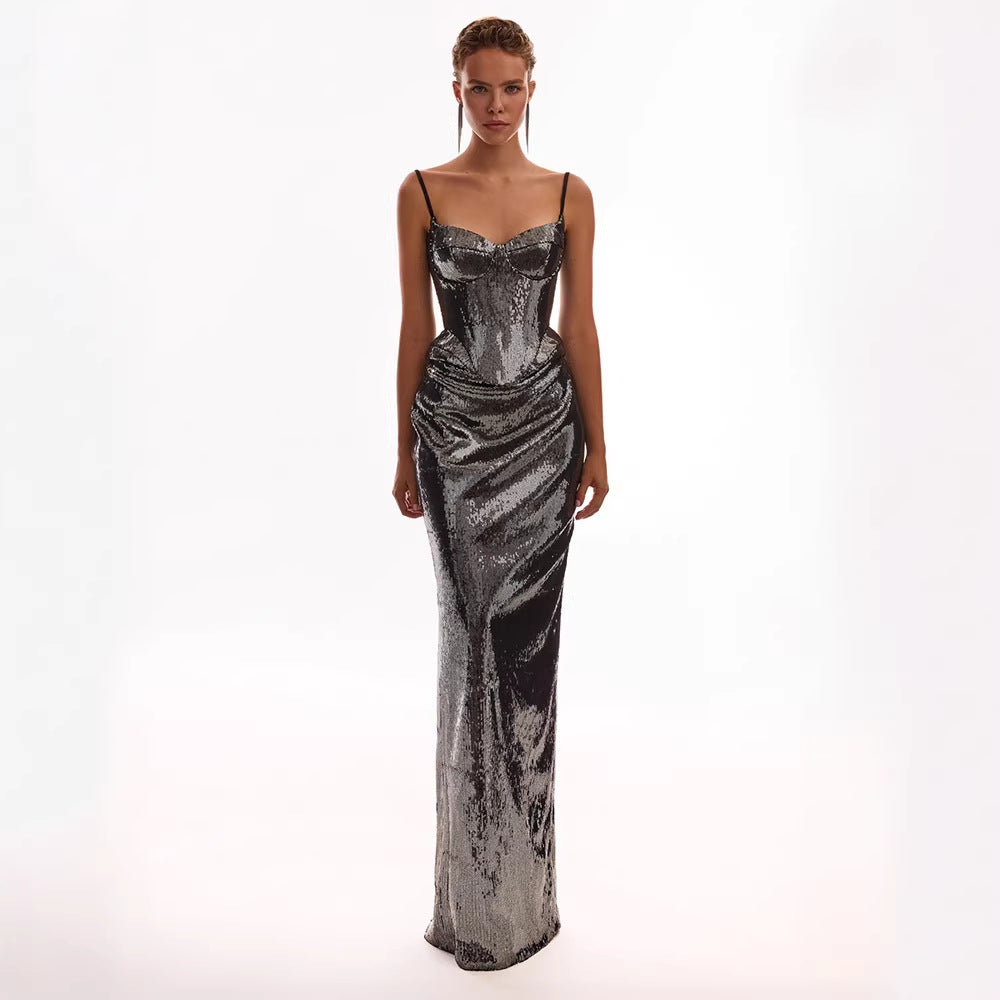 Women’s sleeveless sequin sling dress with backless design and lace-up detail, paired with a matching sexy sheath skirt set.