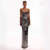 Women’s sleeveless sequin sling dress with backless design and lace-up detail, paired with a matching sexy sheath skirt set.