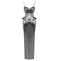 Women’s sleeveless sequin sling dress with backless design and lace-up detail, paired with a sexy sheath skirt set in gray.