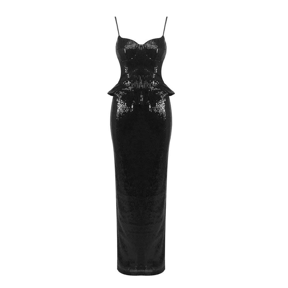 Women’s sleeveless sequin sling dress with backless design and lace-up detail, paired with a sexy sheath skirt set by Wanita Store.