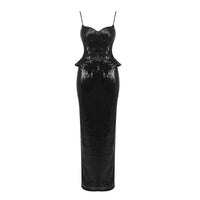 Women’s sleeveless sequin sling dress with backless design and lace-up detail, paired with a sexy sheath skirt set by Wanita Store.