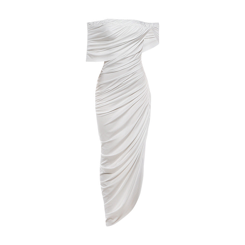 Khaki spring dress by Wanita Store featuring pleated off-shoulder, backless design, and an irregular asymmetric solid color style.