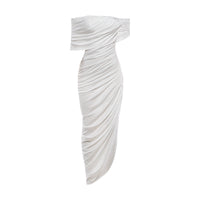 Khaki spring dress by Wanita Store featuring pleated off-shoulder, backless design, and an irregular asymmetric solid color style.
