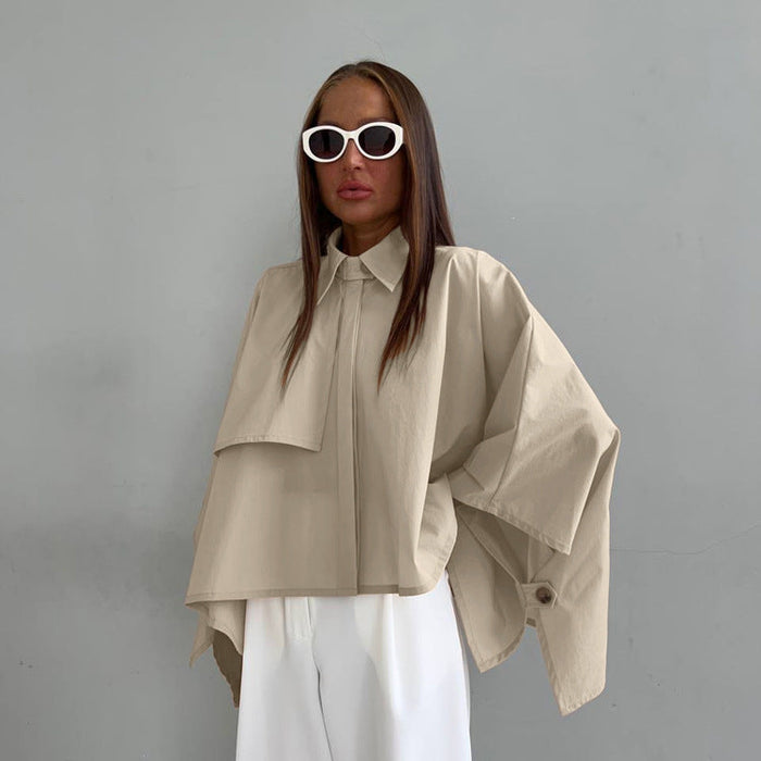 Loose-fitting women's spring cardigan shirt with batwing sleeves, khaki color, casual niche design by Wanita Store.