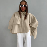 Women’s khaki casual loose-fitting spring cardigan with batwing sleeves, designed by Wanita Store.